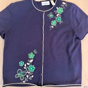 Alfred Dunner woman's Navy Shirt with Green Embroidery